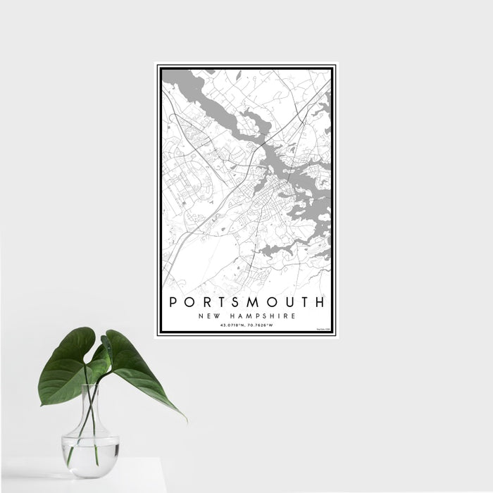 16x24 Portsmouth New Hampshire Map Print Portrait Orientation in Classic Style With Tropical Plant Leaves in Water
