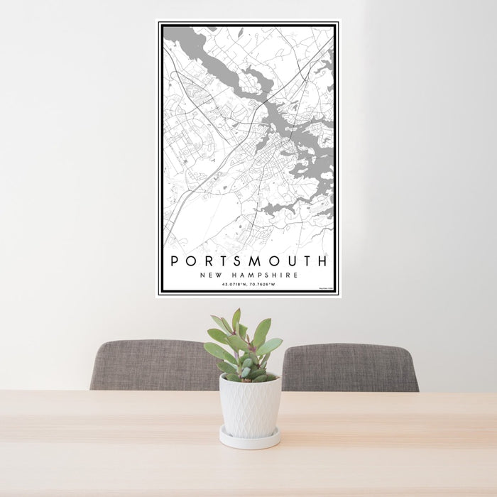 24x36 Portsmouth New Hampshire Map Print Portrait Orientation in Classic Style Behind 2 Chairs Table and Potted Plant