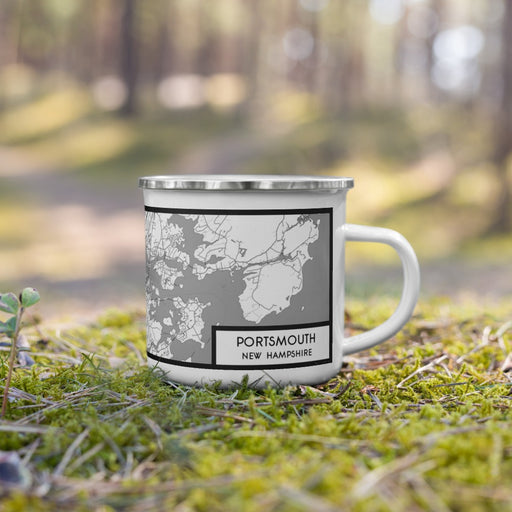 Right View Custom Portsmouth New Hampshire Map Enamel Mug in Classic on Grass With Trees in Background
