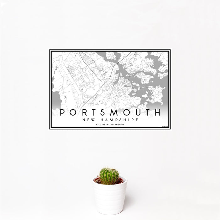 12x18 Portsmouth New Hampshire Map Print Landscape Orientation in Classic Style With Small Cactus Plant in White Planter