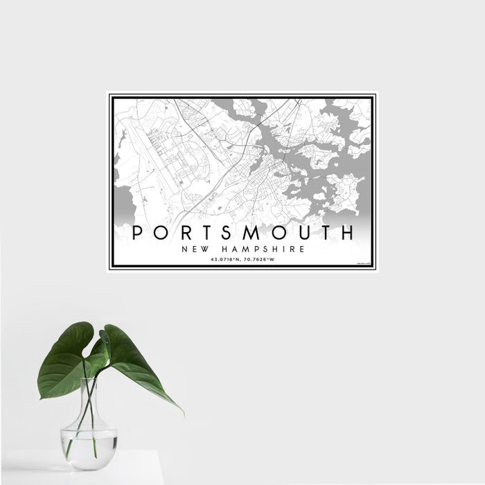 16x24 Portsmouth New Hampshire Map Print Landscape Orientation in Classic Style With Tropical Plant Leaves in Water