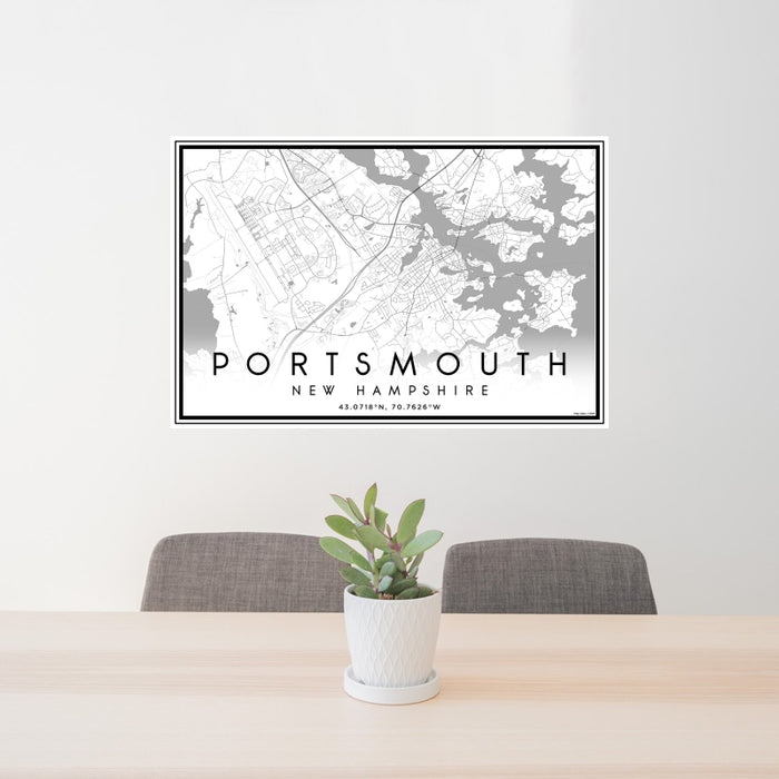 24x36 Portsmouth New Hampshire Map Print Landscape Orientation in Classic Style Behind 2 Chairs Table and Potted Plant