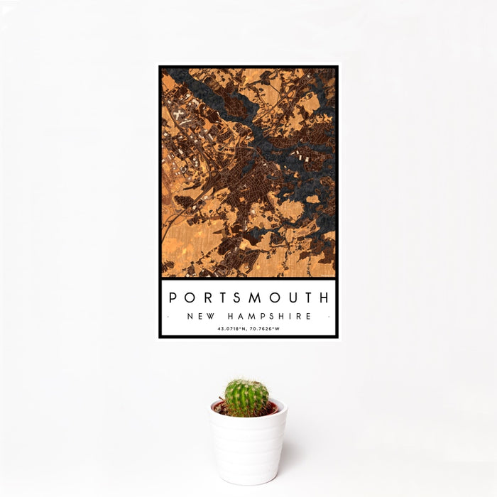 12x18 Portsmouth New Hampshire Map Print Portrait Orientation in Ember Style With Small Cactus Plant in White Planter