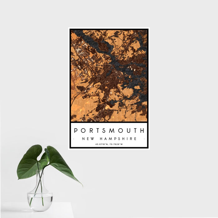 16x24 Portsmouth New Hampshire Map Print Portrait Orientation in Ember Style With Tropical Plant Leaves in Water