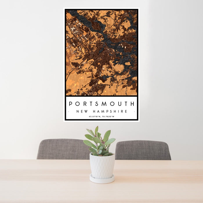 24x36 Portsmouth New Hampshire Map Print Portrait Orientation in Ember Style Behind 2 Chairs Table and Potted Plant