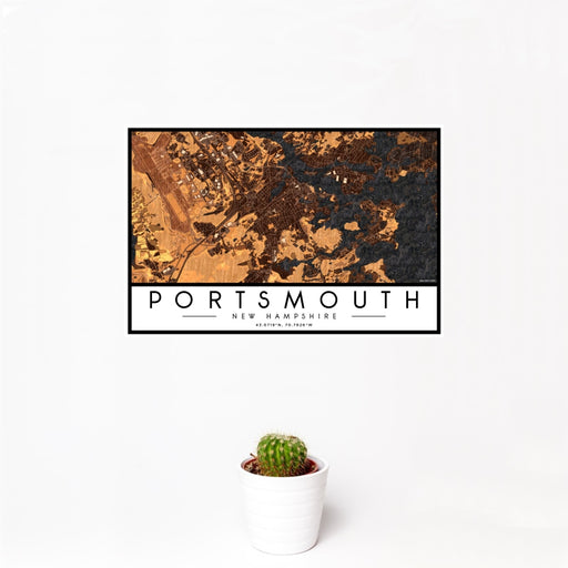 12x18 Portsmouth New Hampshire Map Print Landscape Orientation in Ember Style With Small Cactus Plant in White Planter