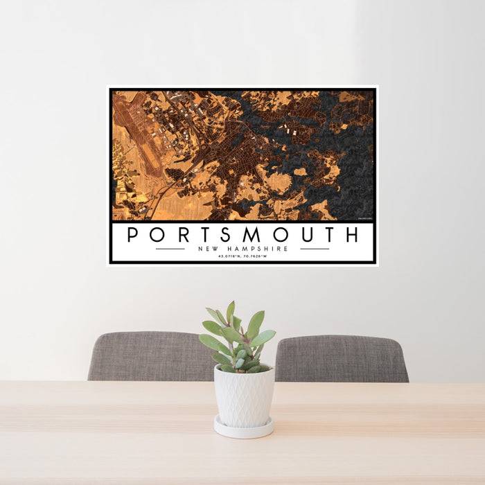 24x36 Portsmouth New Hampshire Map Print Landscape Orientation in Ember Style Behind 2 Chairs Table and Potted Plant