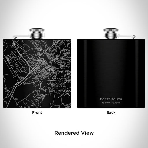 Rendered View of Portsmouth New Hampshire Map Engraving on 6oz Stainless Steel Flask in Black
