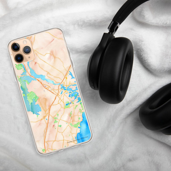 Custom Portsmouth New Hampshire Map Phone Case in Watercolor on Table with Black Headphones