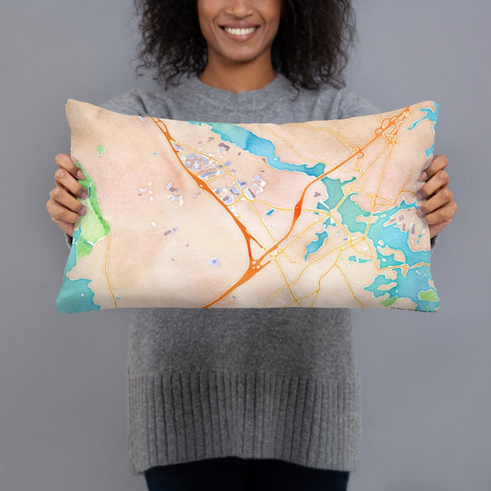 Person holding 20x12 Custom Portsmouth New Hampshire Map Throw Pillow in Watercolor