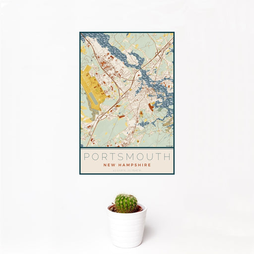 12x18 Portsmouth New Hampshire Map Print Portrait Orientation in Woodblock Style With Small Cactus Plant in White Planter