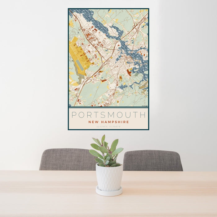 24x36 Portsmouth New Hampshire Map Print Portrait Orientation in Woodblock Style Behind 2 Chairs Table and Potted Plant