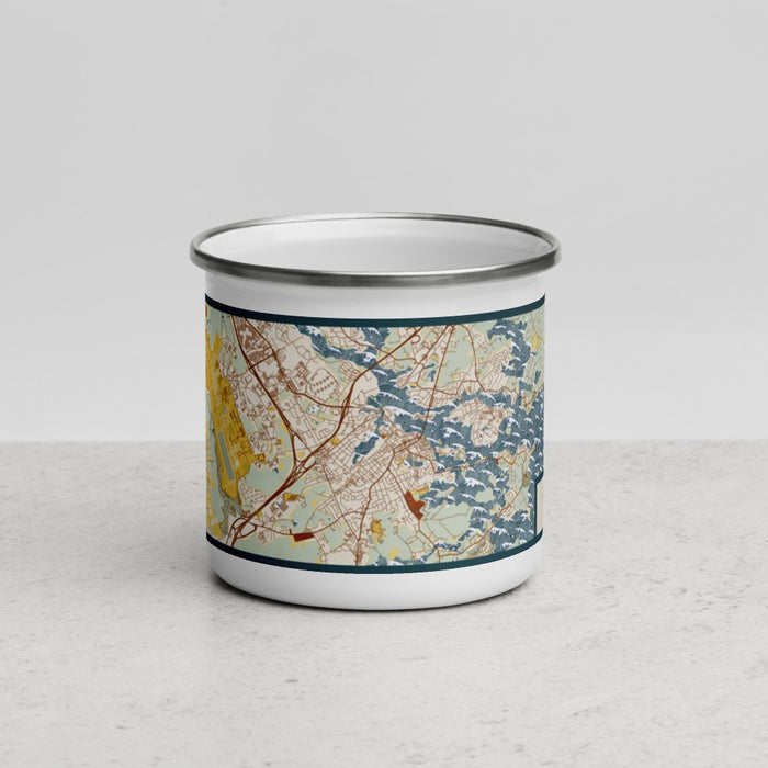 Front View Custom Portsmouth New Hampshire Map Enamel Mug in Woodblock