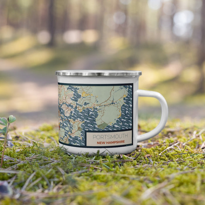 Right View Custom Portsmouth New Hampshire Map Enamel Mug in Woodblock on Grass With Trees in Background
