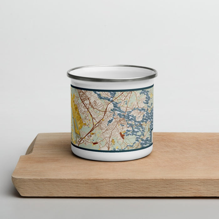 Front View Custom Portsmouth New Hampshire Map Enamel Mug in Woodblock on Cutting Board