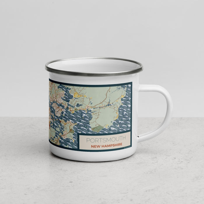 Right View Custom Portsmouth New Hampshire Map Enamel Mug in Woodblock