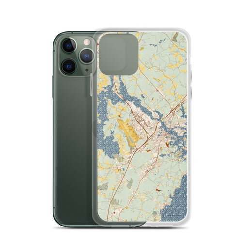 Custom Portsmouth New Hampshire Map Phone Case in Woodblock on Table with Laptop and Plant