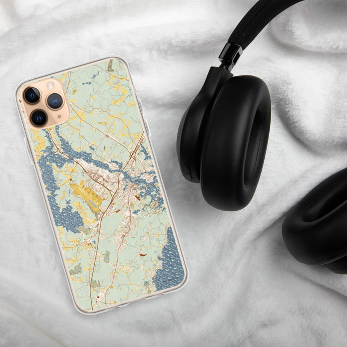 Custom Portsmouth New Hampshire Map Phone Case in Woodblock on Table with Black Headphones