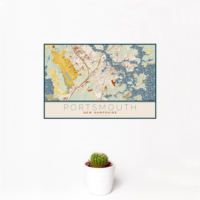 12x18 Portsmouth New Hampshire Map Print Landscape Orientation in Woodblock Style With Small Cactus Plant in White Planter