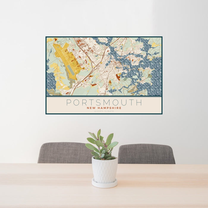24x36 Portsmouth New Hampshire Map Print Landscape Orientation in Woodblock Style Behind 2 Chairs Table and Potted Plant