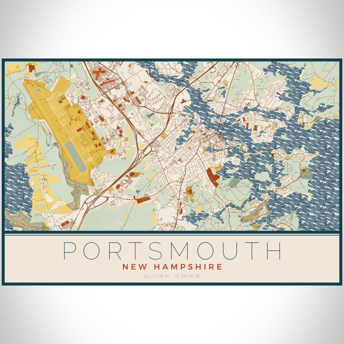 Portsmouth New Hampshire Map Print Landscape Orientation in Woodblock Style With Shaded Background