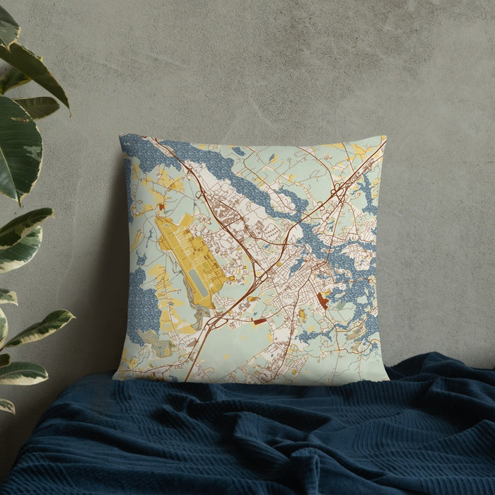 Custom Portsmouth New Hampshire Map Throw Pillow in Woodblock on Bedding Against Wall
