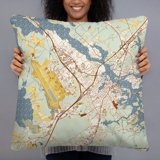 Person holding 22x22 Custom Portsmouth New Hampshire Map Throw Pillow in Woodblock