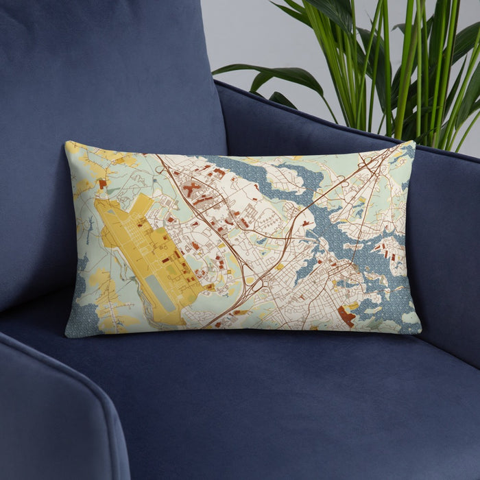 Custom Portsmouth New Hampshire Map Throw Pillow in Woodblock on Blue Colored Chair