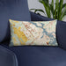 Custom Portsmouth New Hampshire Map Throw Pillow in Woodblock on Blue Colored Chair