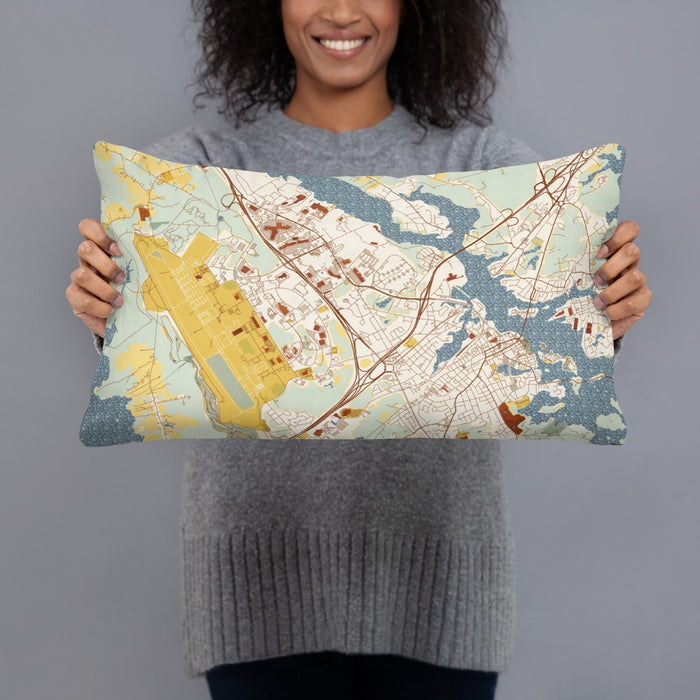 Person holding 20x12 Custom Portsmouth New Hampshire Map Throw Pillow in Woodblock