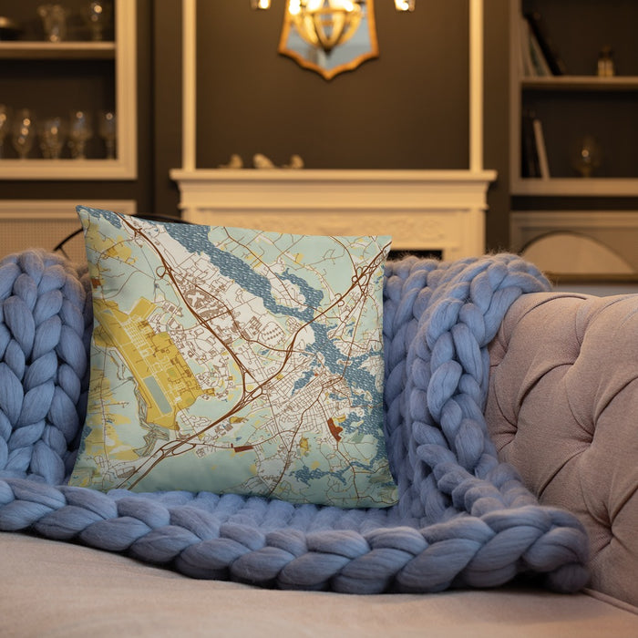 Custom Portsmouth New Hampshire Map Throw Pillow in Woodblock on Cream Colored Couch