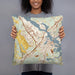 Person holding 18x18 Custom Portsmouth New Hampshire Map Throw Pillow in Woodblock
