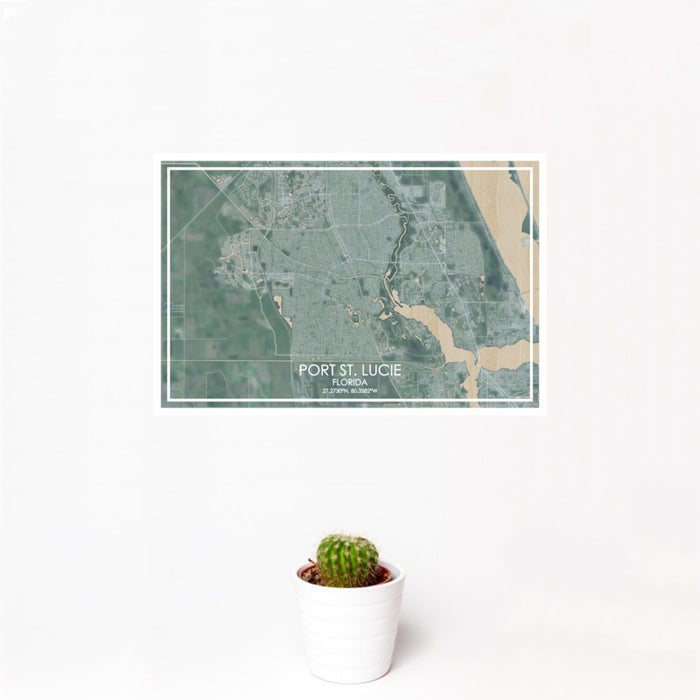 12x18 Port St. Lucie Florida Map Print Landscape Orientation in Afternoon Style With Small Cactus Plant in White Planter