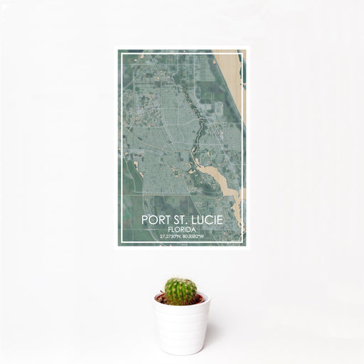 12x18 Port St. Lucie Florida Map Print Portrait Orientation in Afternoon Style With Small Cactus Plant in White Planter