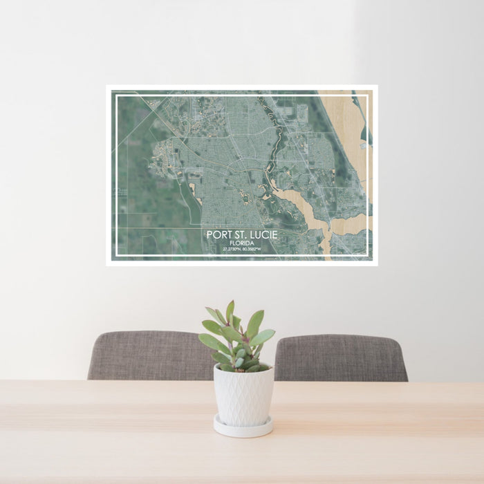 24x36 Port St. Lucie Florida Map Print Lanscape Orientation in Afternoon Style Behind 2 Chairs Table and Potted Plant