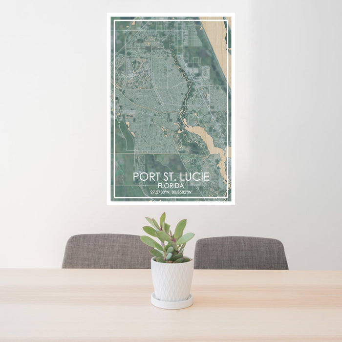 24x36 Port St. Lucie Florida Map Print Portrait Orientation in Afternoon Style Behind 2 Chairs Table and Potted Plant