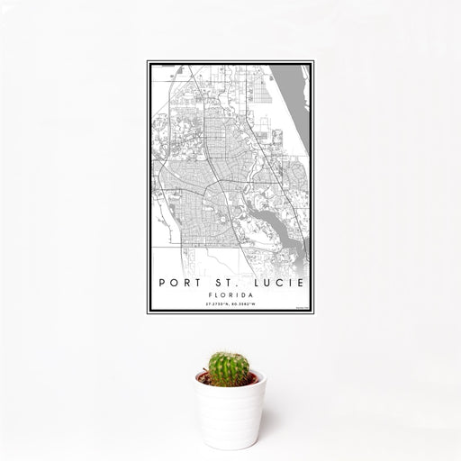 12x18 Port St. Lucie Florida Map Print Portrait Orientation in Classic Style With Small Cactus Plant in White Planter