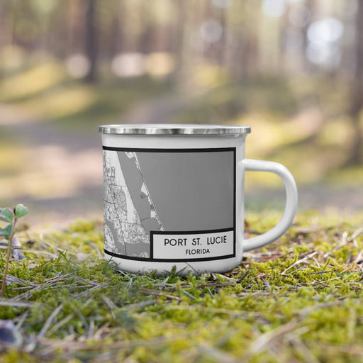 Right View Custom Port St. Lucie Florida Map Enamel Mug in Classic on Grass With Trees in Background
