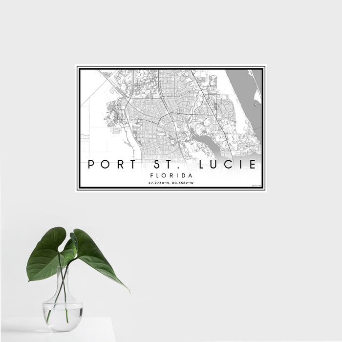 16x24 Port St. Lucie Florida Map Print Landscape Orientation in Classic Style With Tropical Plant Leaves in Water