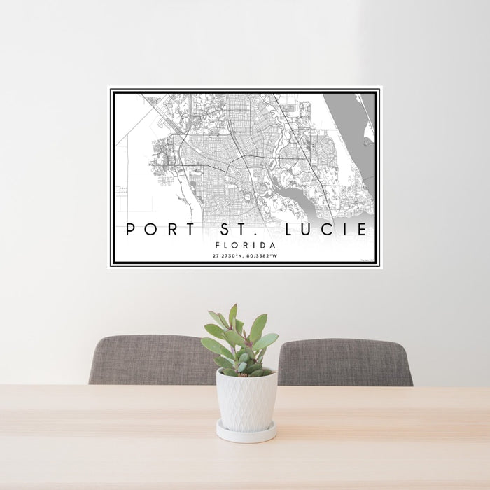 24x36 Port St. Lucie Florida Map Print Landscape Orientation in Classic Style Behind 2 Chairs Table and Potted Plant