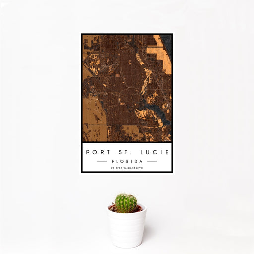 12x18 Port St. Lucie Florida Map Print Portrait Orientation in Ember Style With Small Cactus Plant in White Planter