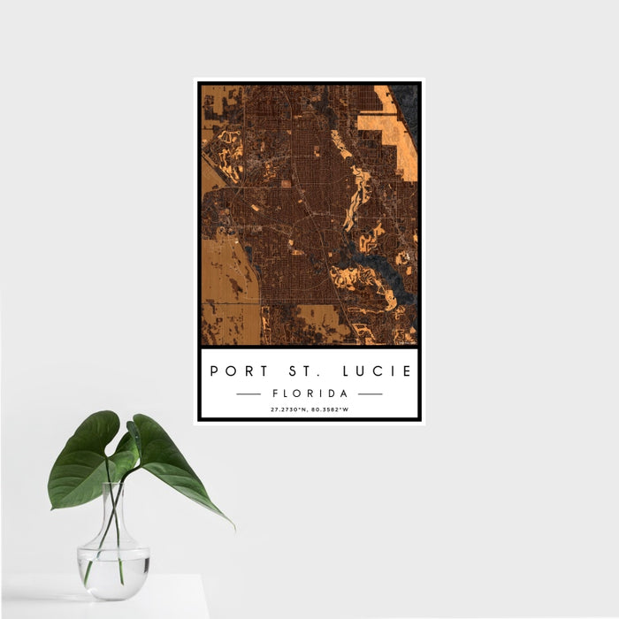 16x24 Port St. Lucie Florida Map Print Portrait Orientation in Ember Style With Tropical Plant Leaves in Water