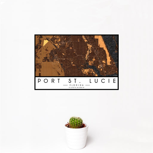 12x18 Port St. Lucie Florida Map Print Landscape Orientation in Ember Style With Small Cactus Plant in White Planter