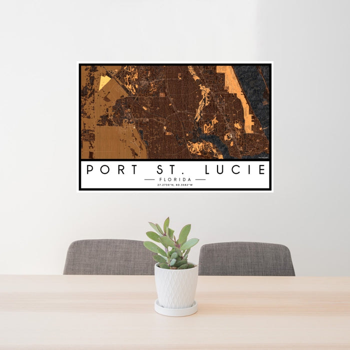 24x36 Port St. Lucie Florida Map Print Landscape Orientation in Ember Style Behind 2 Chairs Table and Potted Plant