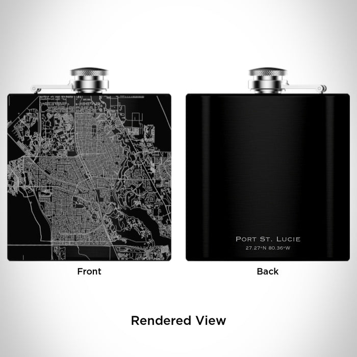 Rendered View of Port St. Lucie Florida Map Engraving on 6oz Stainless Steel Flask in Black
