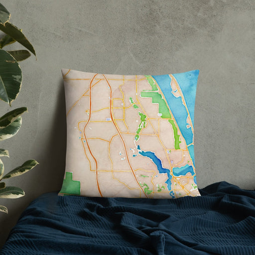 Custom Port St. Lucie Florida Map Throw Pillow in Watercolor on Bedding Against Wall