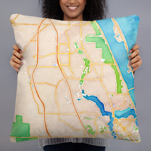 Person holding 22x22 Custom Port St. Lucie Florida Map Throw Pillow in Watercolor