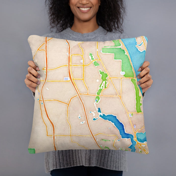 Person holding 18x18 Custom Port St. Lucie Florida Map Throw Pillow in Watercolor