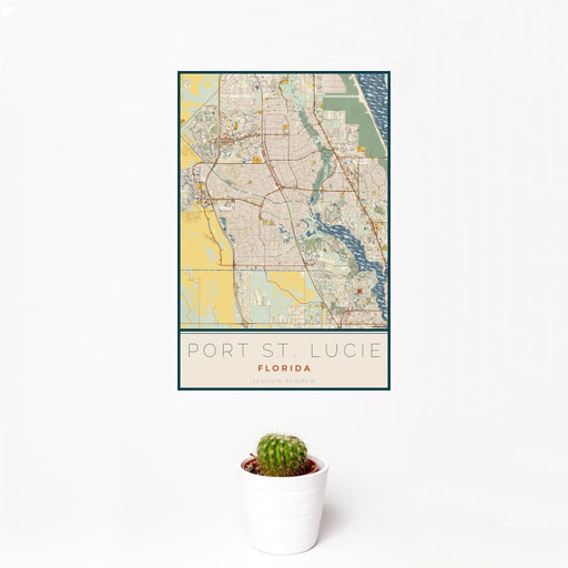 12x18 Port St. Lucie Florida Map Print Portrait Orientation in Woodblock Style With Small Cactus Plant in White Planter