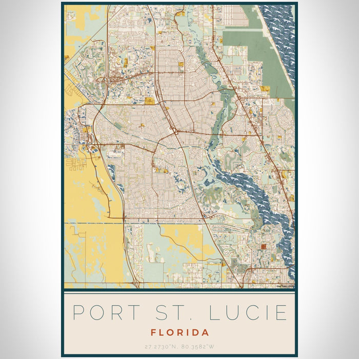 Port St. Lucie Florida Map Print Portrait Orientation in Woodblock Style With Shaded Background